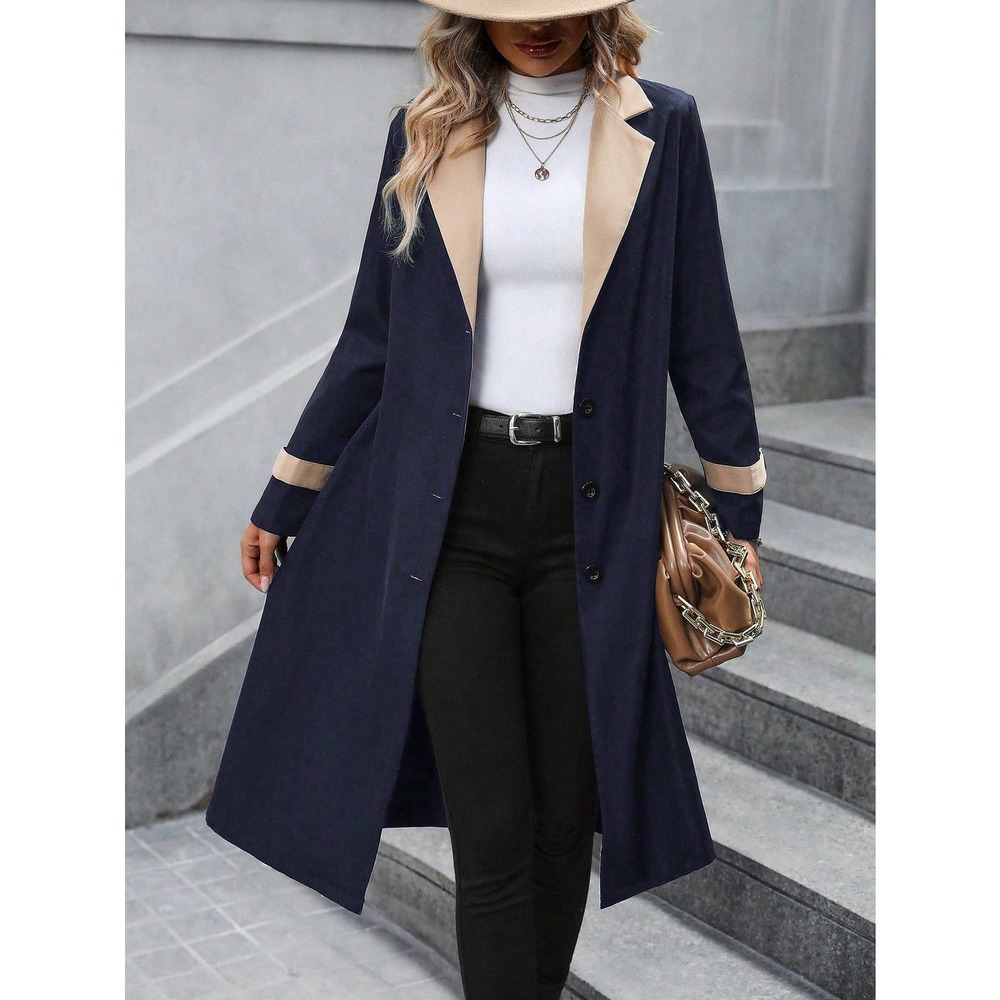 Two Tone Lapel Collar Belted Trench Coat preppy - Picture 7 of 9